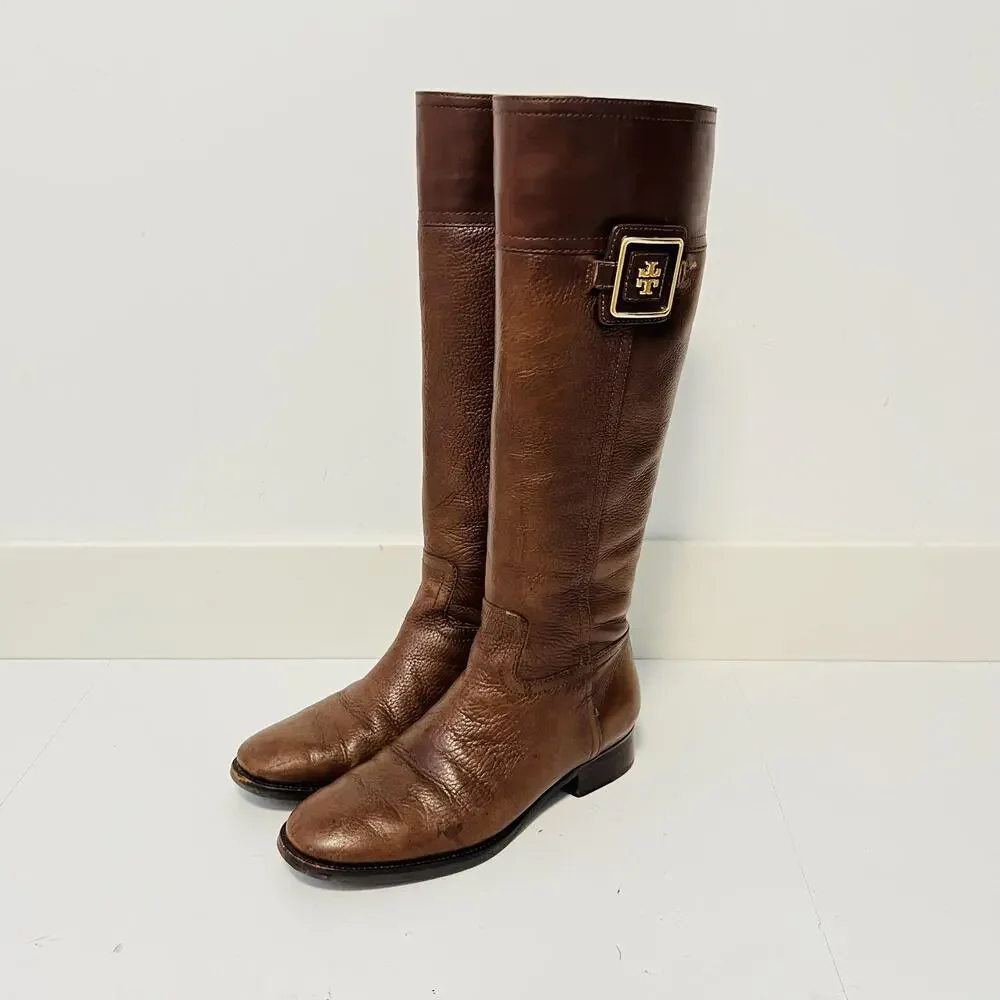 Tory Burch Boots Womens 7 Brown Leather Knee High Riding Logo Buckle Zip Shoes
